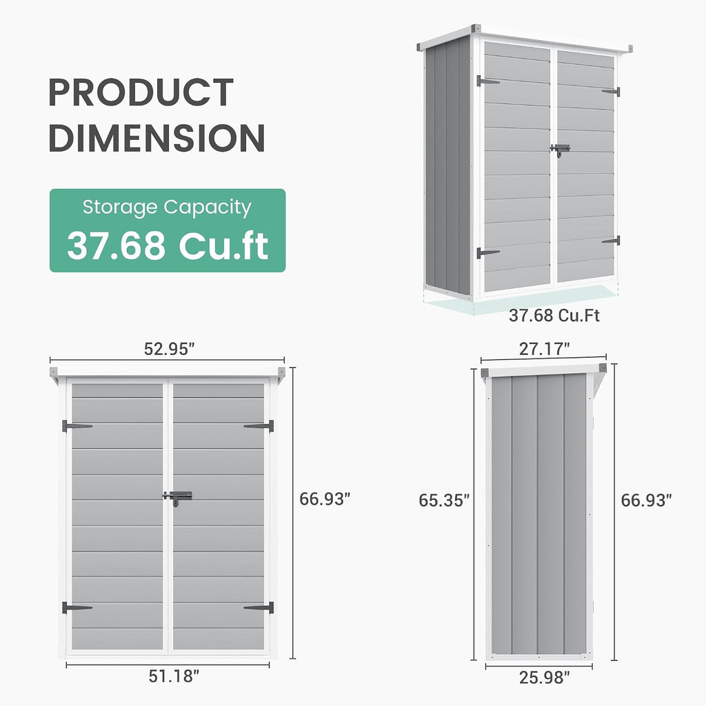 UDPATIO 38 Cu.ft Vertical Storage Shed, 4.3 ft x 5.6 ft Resin Outdoor Shed Waterproof Resin Cabinet for Garden, Backyard, Lawn, Grey
