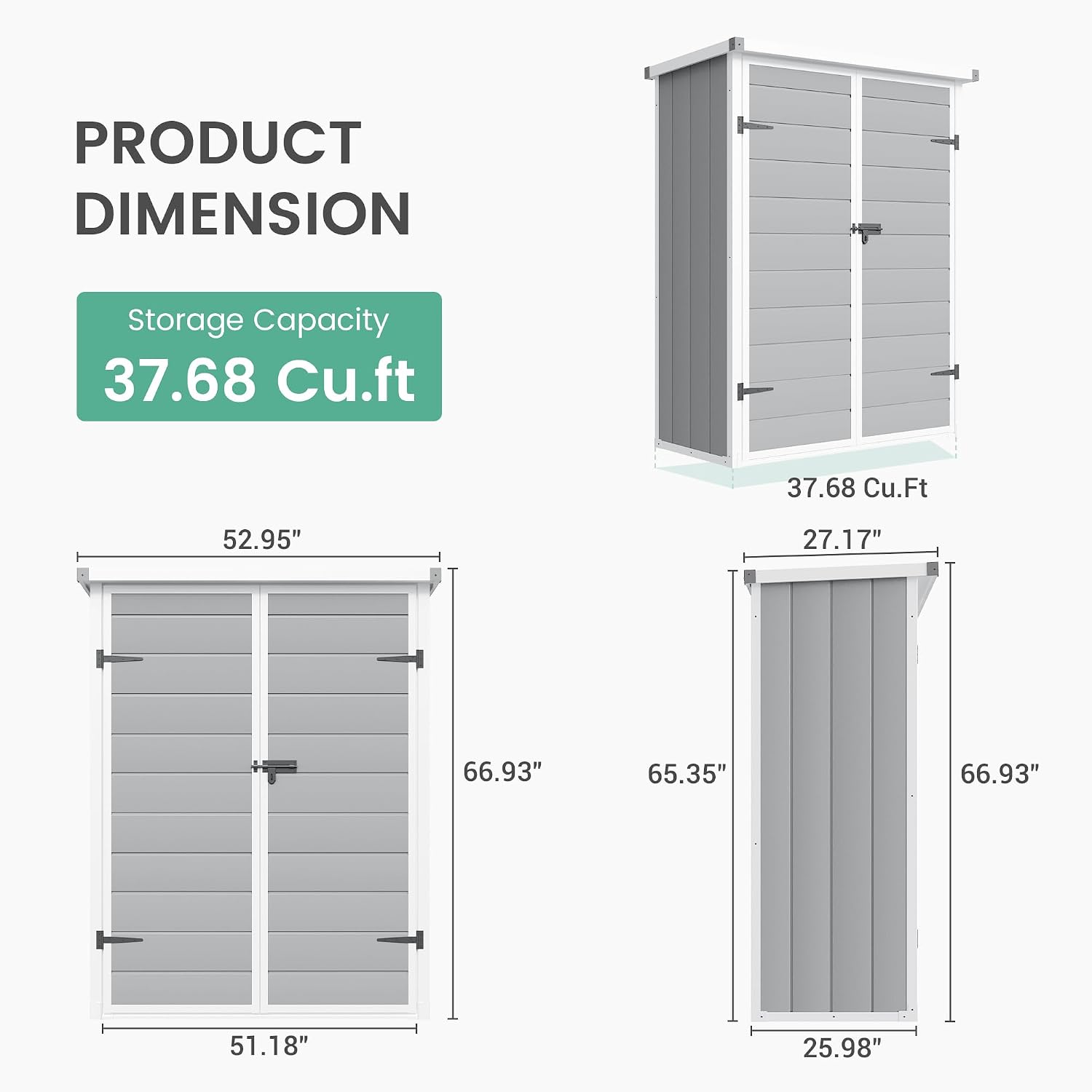 UDPATIO 38 Cu.ft Outdoor Resin Storage Shed, Vertical Tool Shed with Shelving Brackets for Patio Pool Lawn Garden, Grey