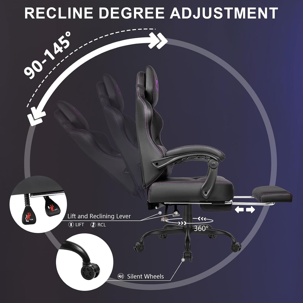 Waleaf Big and Tall Gaming Chair for Adults with Footrest, 400lbs Weight Capacity Video Game Chairs for Office, Ergonomic Computer Gaming Chair with Lumbar Support and Headrest (Purple)