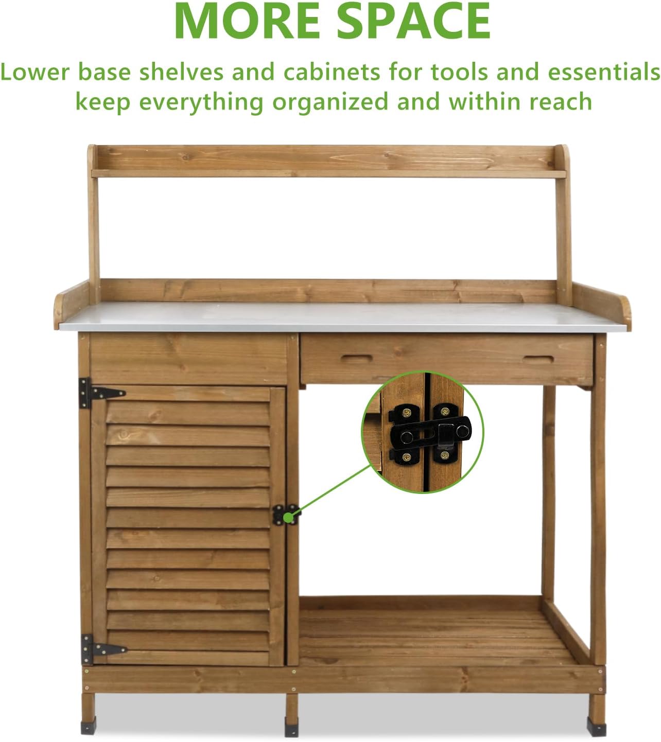 PetsCosset Garden Potting Benche Table Outdoor Wooden Work Station W/Metal Table top,Cabinet,Drawer,Large Bottom Shelf,Open Shelf Natural Wood-Brown-Brown