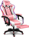 Gaming Chair with Speakers, Gaming Chair LED Lights - PU Leather Recliner 360°Swivel Function Ergonomic Video Game Chairs with Headrest Armrest Electric Massage Office Chair,Pink