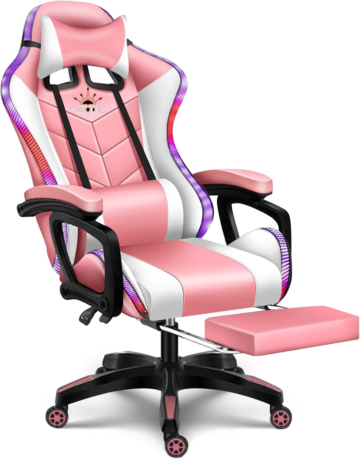 Gaming Chair with Speakers, Gaming Chair LED Lights - PU Leather Recliner 360°Swivel Function Ergonomic Video Game Chairs with Headrest Armrest Electric Massage Office Chair,Pink