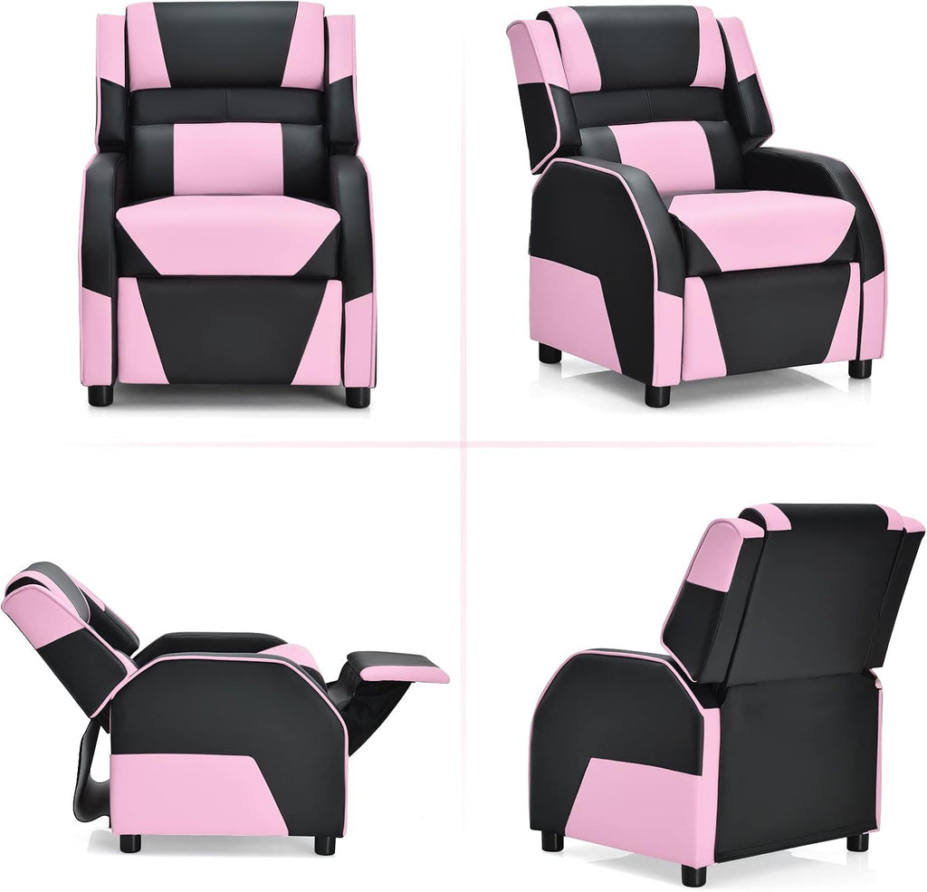 COSTWAY Kids Recliner Sofa, Toddler Leather Recliner with Adjustable Footrest & Headrest, Gaming Reclining Chair for Boys Girls Aged 3 Years Up, Kid-Sized Lounge Chair for Living Room (Pink)