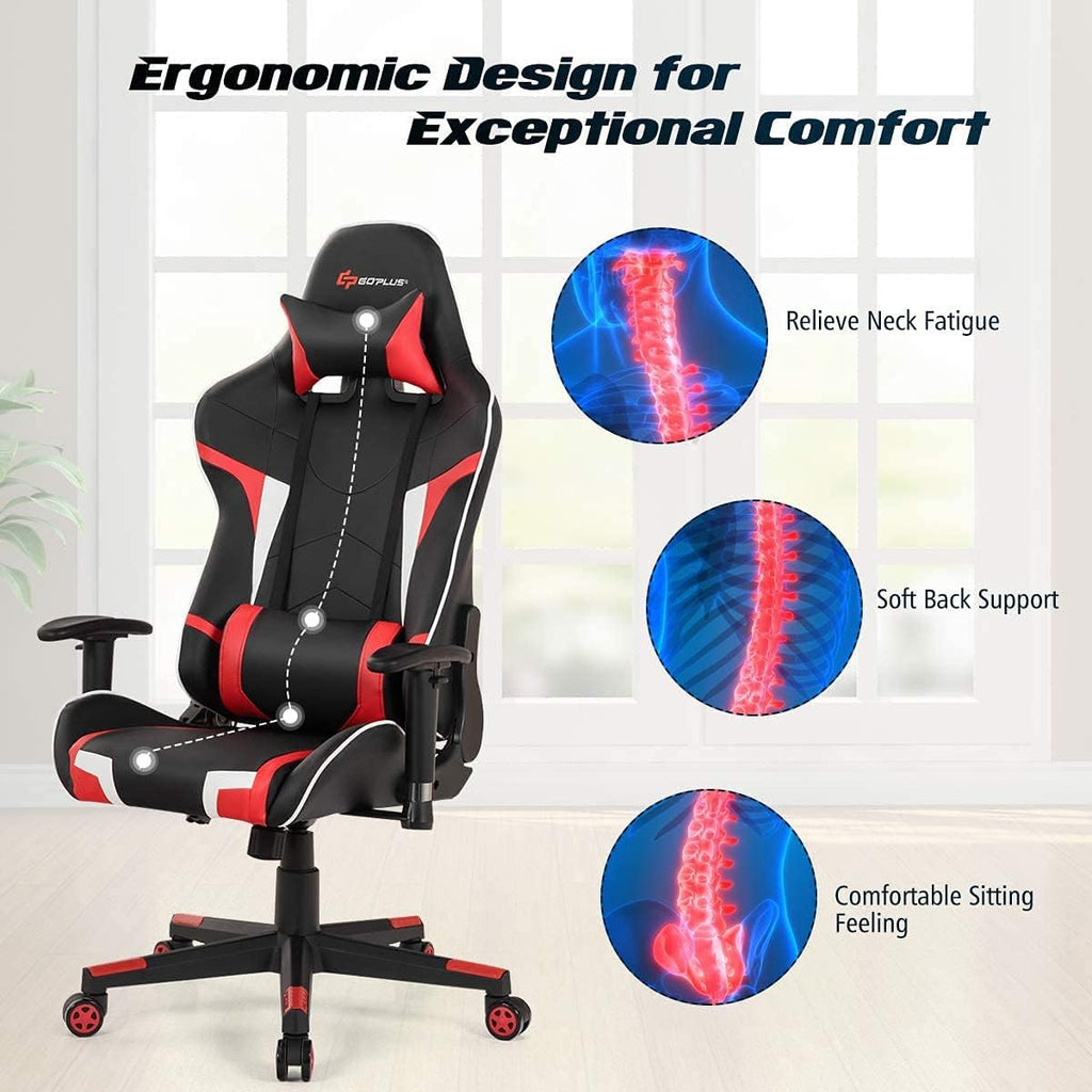 Massage Gaming Chair, High Back Office Computer Chair with Headrest and Lumbar Support, Racing Style Reclining Swiveling Game Chair for Home Office (Red)