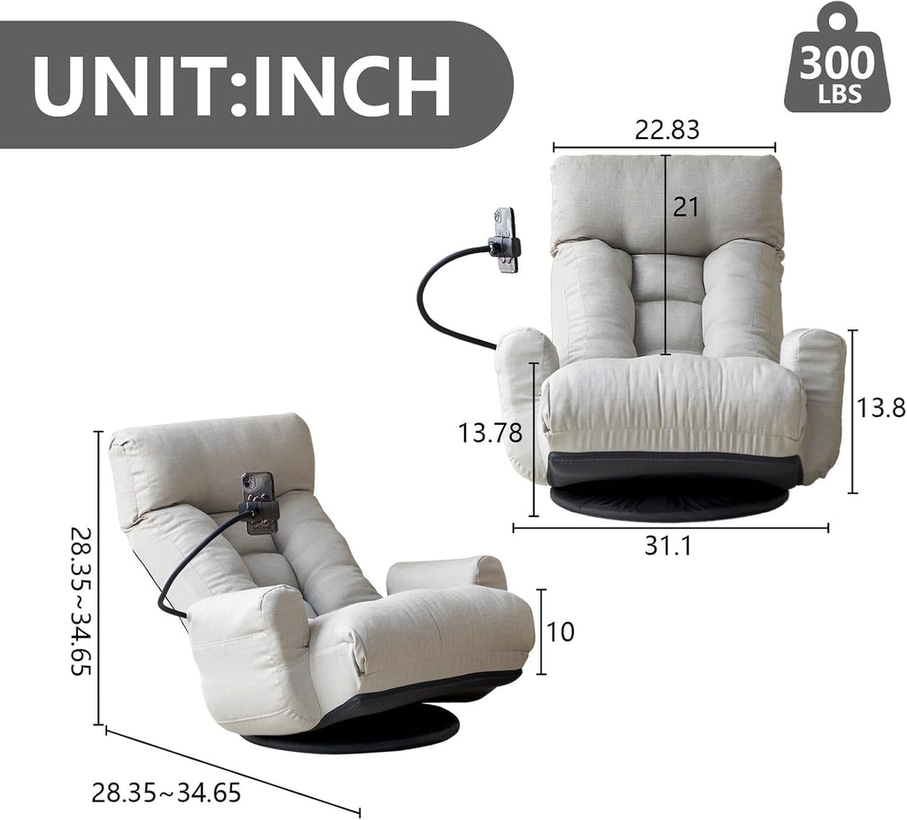 360° Swivel Gaming Floor Chair, 5 Position Adjustable Folding Sofa Chair with Armrests & Phone Holder, Cushion Padded Indoor Chaise Lounge for Adults, Home Office Floor Leisure Chairs, Grey