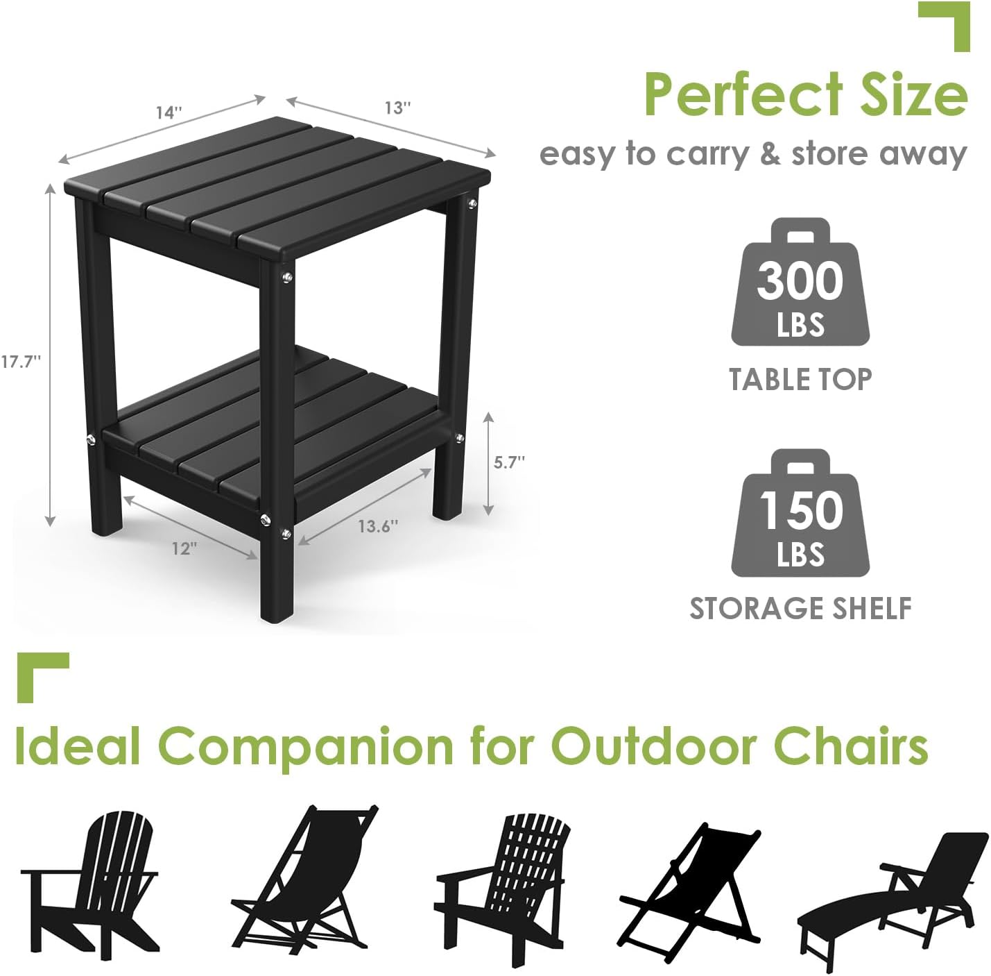 GREENVINES Adirondack-Outdoor-Side-Table | Set of 4 | 14 x 13 Inches | HDPE Plastic | All Weather | Black | Outside End Tables | Storage Shelf | for Patio Porch Backyard Indoor