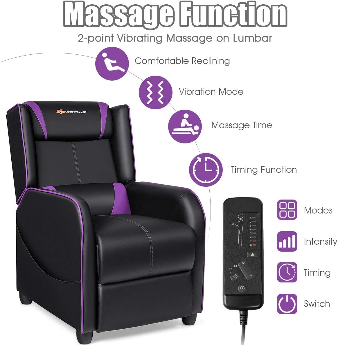 POWERSTONE Gaming Recliner Chair, Reclining Gaming Chairs for Adults Ergonomic Leather Sofa with Footrest Lumbar Support Headrest and Side Pouch for Living Room Home Theater, Purple