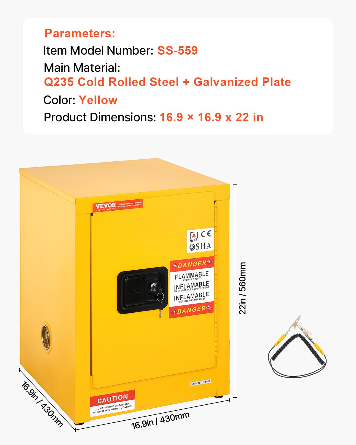 VEVOR Flammable Cabinet 17' x 17' x 22', 12 GalCold-Rolled Steel Flammable Liquid Storage Cabinet, Explosion Proof with 1 Adjustable Shelf 1 Door for Commercial Industrial Use, Yellow