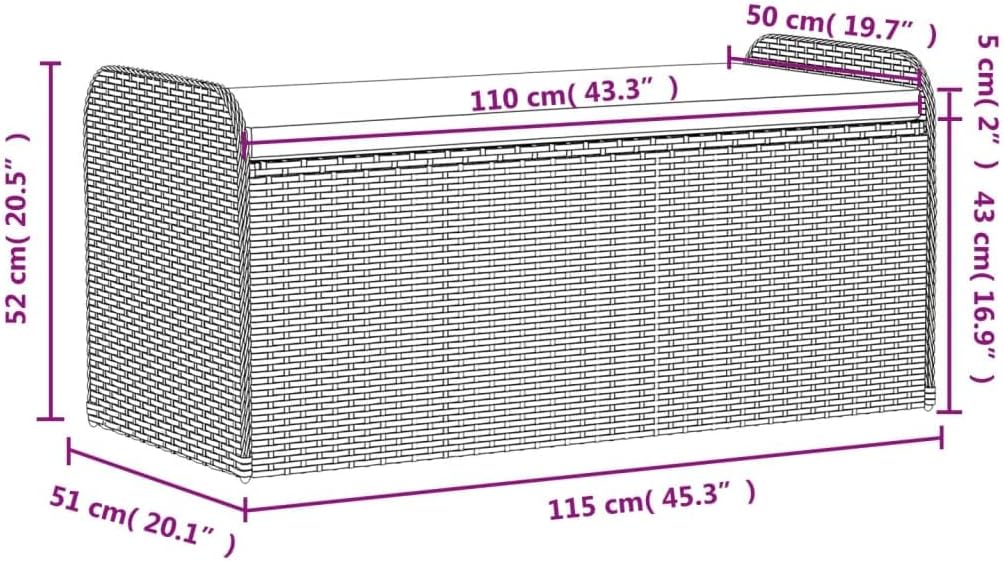 vidaXL Storage Bench Grey PE Rattan, Powder-Coated Steel, Polyester