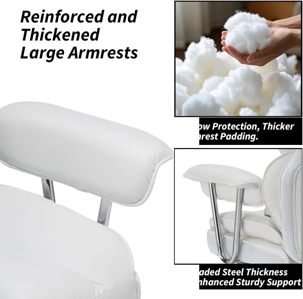 Efomao Big and Tall Office Chair 400lbs – High Back Executive Chair with Swivel Base, PU Leather Upholstery, Lumbar Pillow, Padded Armrests, and Rolling Wheels，White Computer Chair