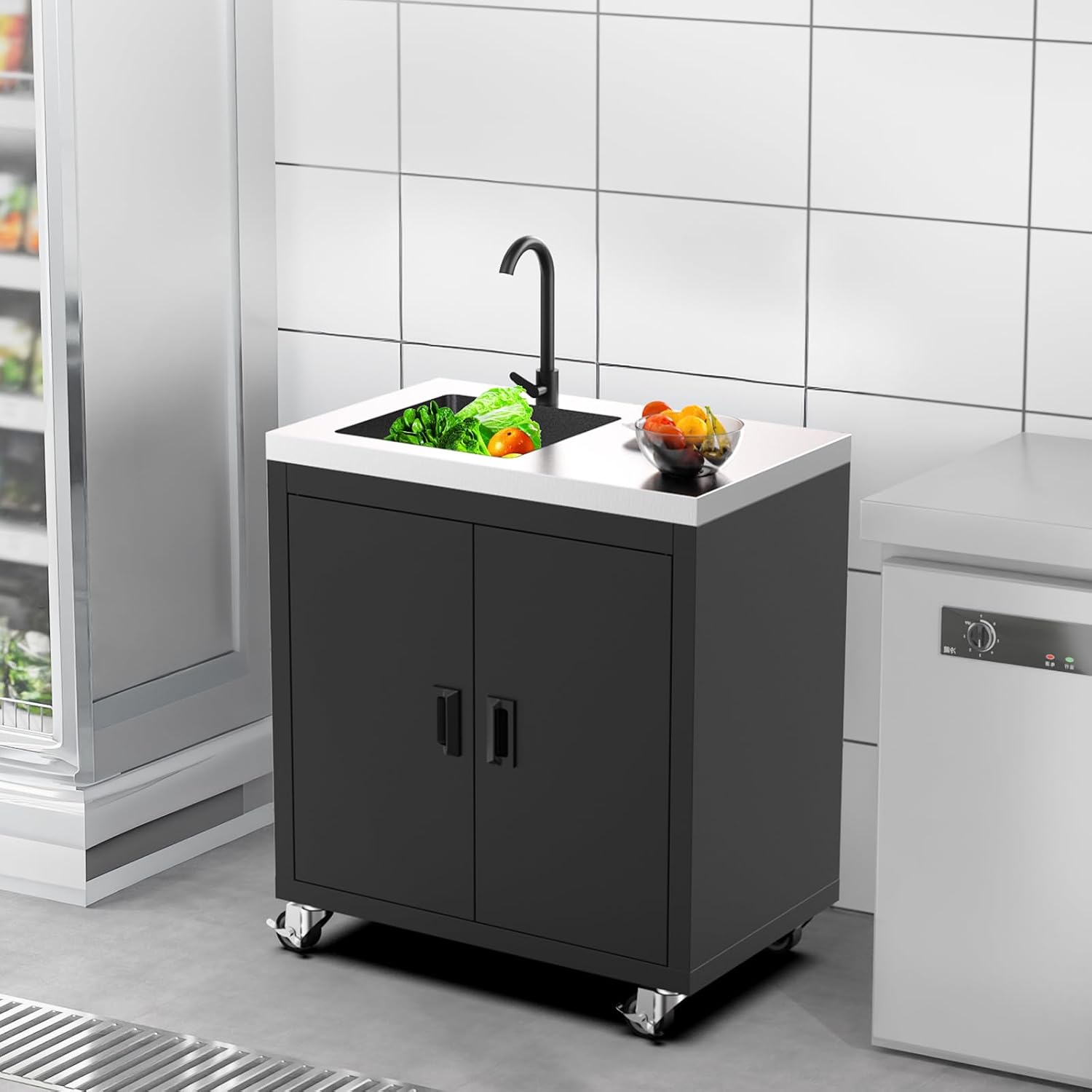ROVSUN Stainless Steel Utility Sink with Cabinet & Wheels, Outdoor Heavy-Duty Freestanding Prep Grill Cart Sink for Backyard, Kitchen, Garage, Laundry, Garden Use 34.5' D x 19.6' W x 35.4' H