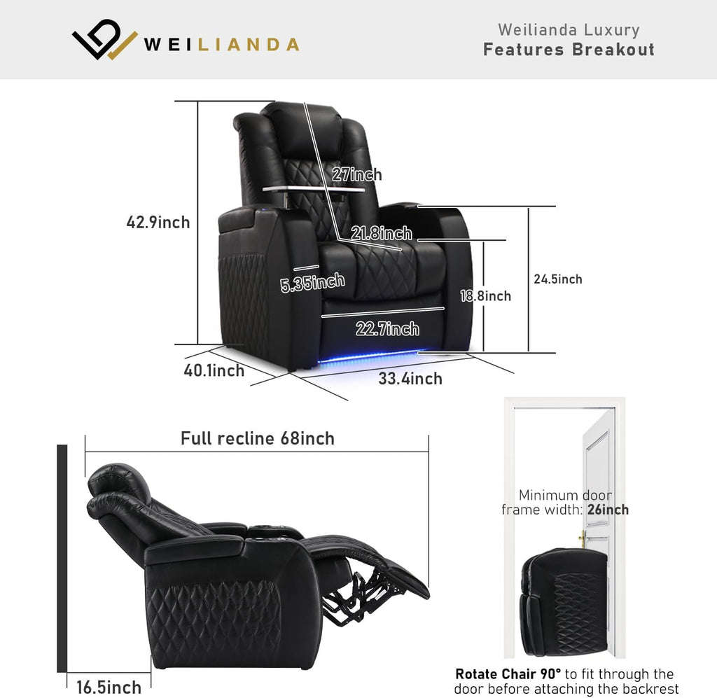 Weilianda Home Theater Seating Top Grain Leather Zero Gravity Recliner Chair Power Headrest Recline Movie Seat Gaming 7 Colors Mood Light Sofa with Tray Table USB Charge Row of 1 Black
