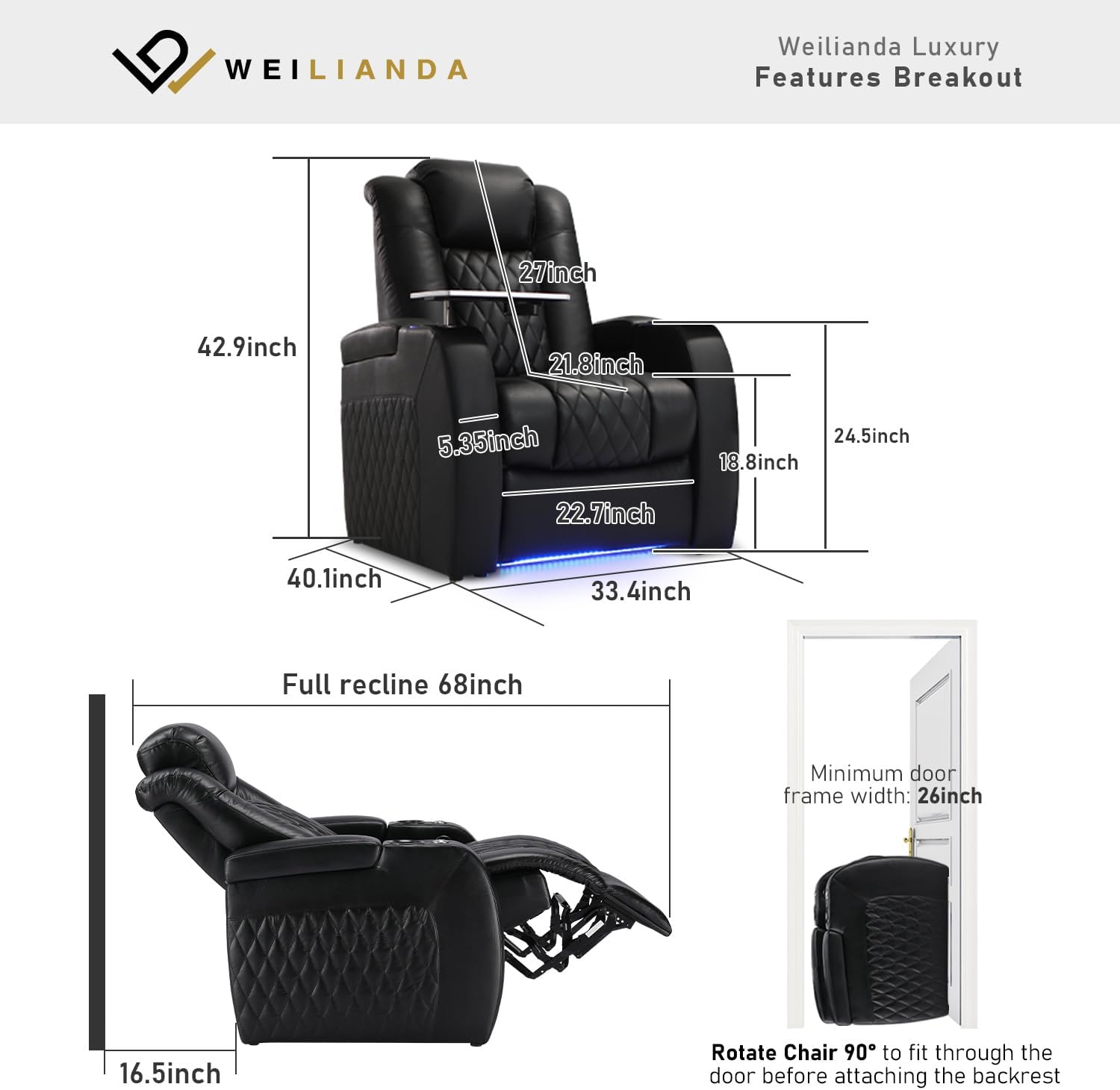 Weilianda Home Theater Seating Top Grain Leather Zero Gravity Recliner Chair Power Headrest Recline Movie Seat Gaming 7 Colors Mood Light Sofa with Tray Table USB Charge Row of 1 Black