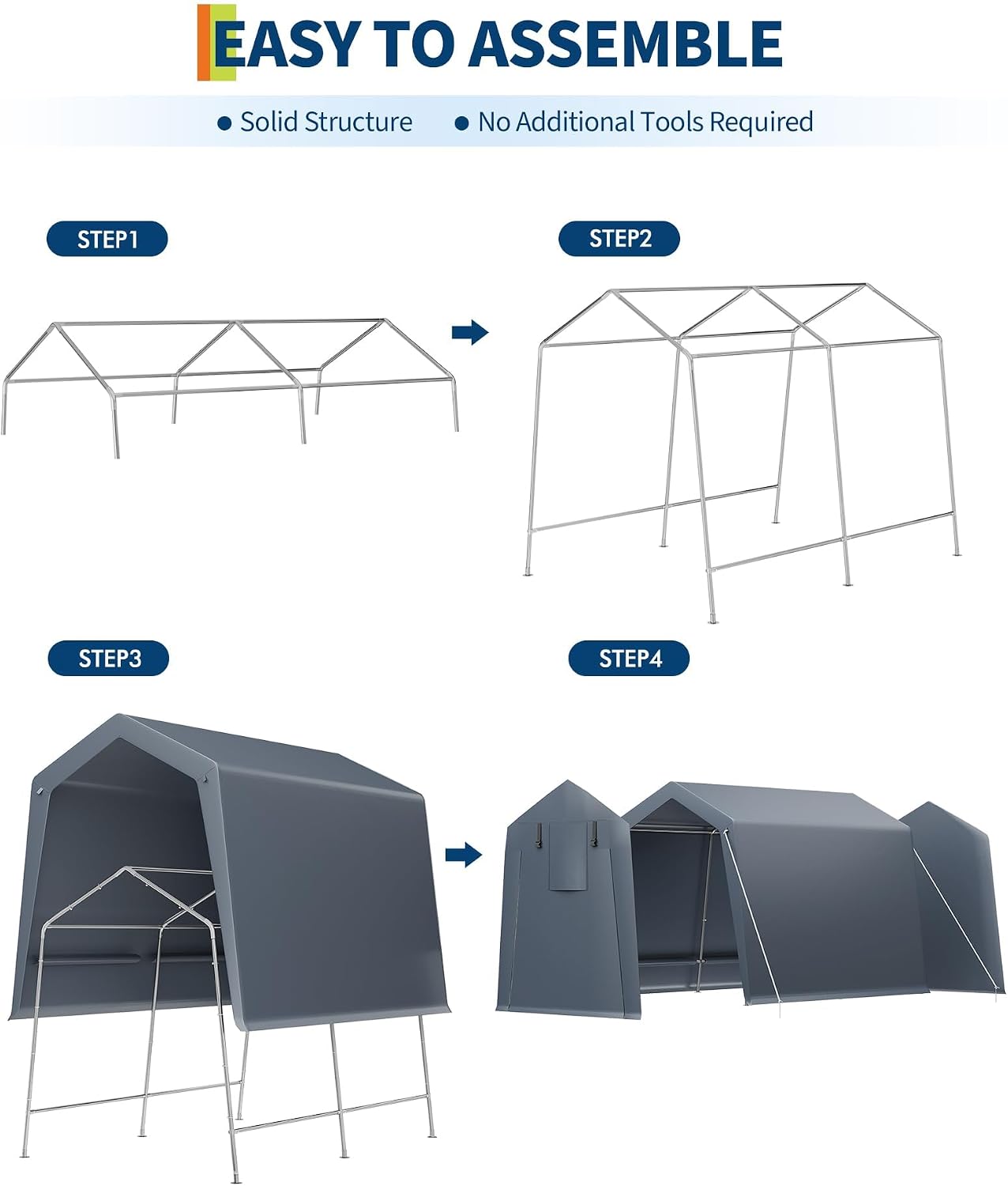 GarveeLife Portable Outdoor Storage Shed with Roll-Up Zipper Door & Vent, 240G Heavy-Duty Shelter Waterproof PE Tarp, UV-Resistant Carport for Motorcycle, Firewood, Tools (Gray, 7'x10')
