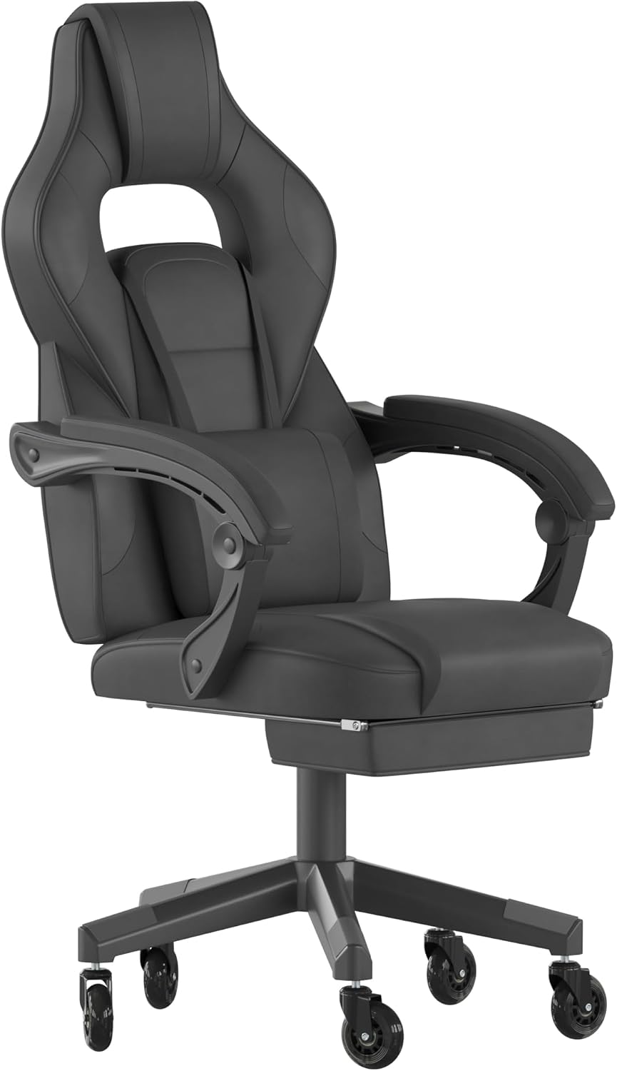 Flash Furniture X40 Gaming Chair Racing Computer Chair with Fully Reclining Back/Arms and Transparent Roller Wheels, Slide-Out Footrest, - Black