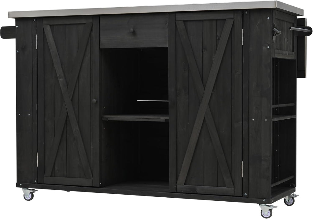 Merax XL Outdoor Table with Stainless Steel Top for Kitchen Prep and Storage Cabinet for Grilling Accessories, Outdoor Kitchen Island Grill Cart with Towel and Spice Racks & a Bottle Opener, Black