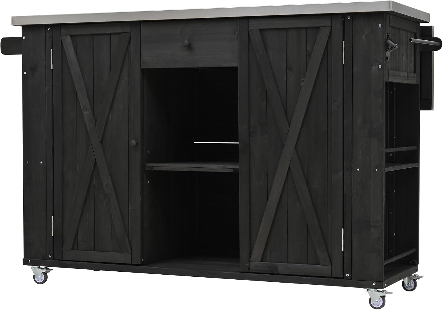 Merax XL Outdoor Table with Stainless Steel Top for Kitchen Prep and Storage Cabinet for Grilling Accessories, Outdoor Kitchen Island Grill Cart with Towel and Spice Racks & a Bottle Opener, Black