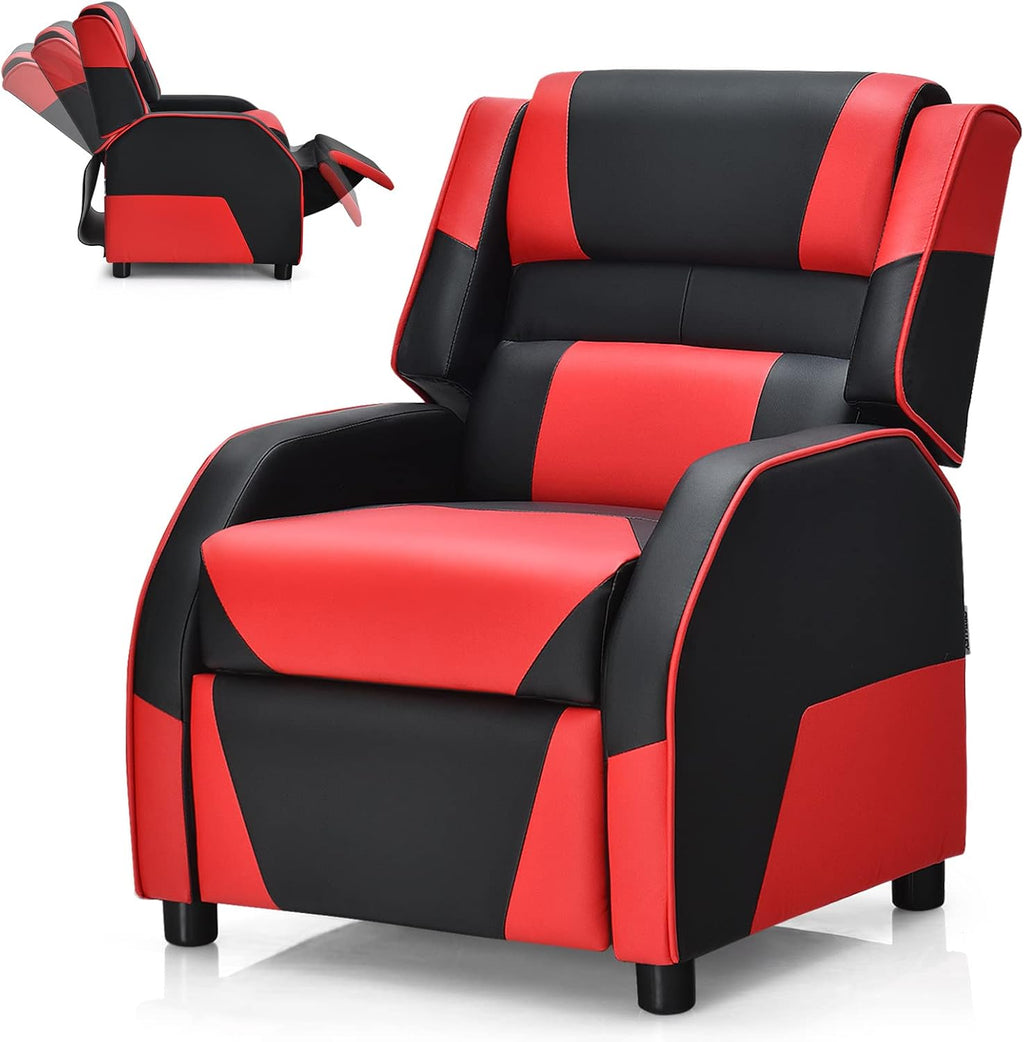 COSTWAY Kids Recliner Sofa, Toddler Leather Recliner with Adjustable Footrest & Headrest, Gaming Reclining Chair for Boys Girls Aged 3 Years Up, Kid-Sized Lounge Chair for Living Room (Red)