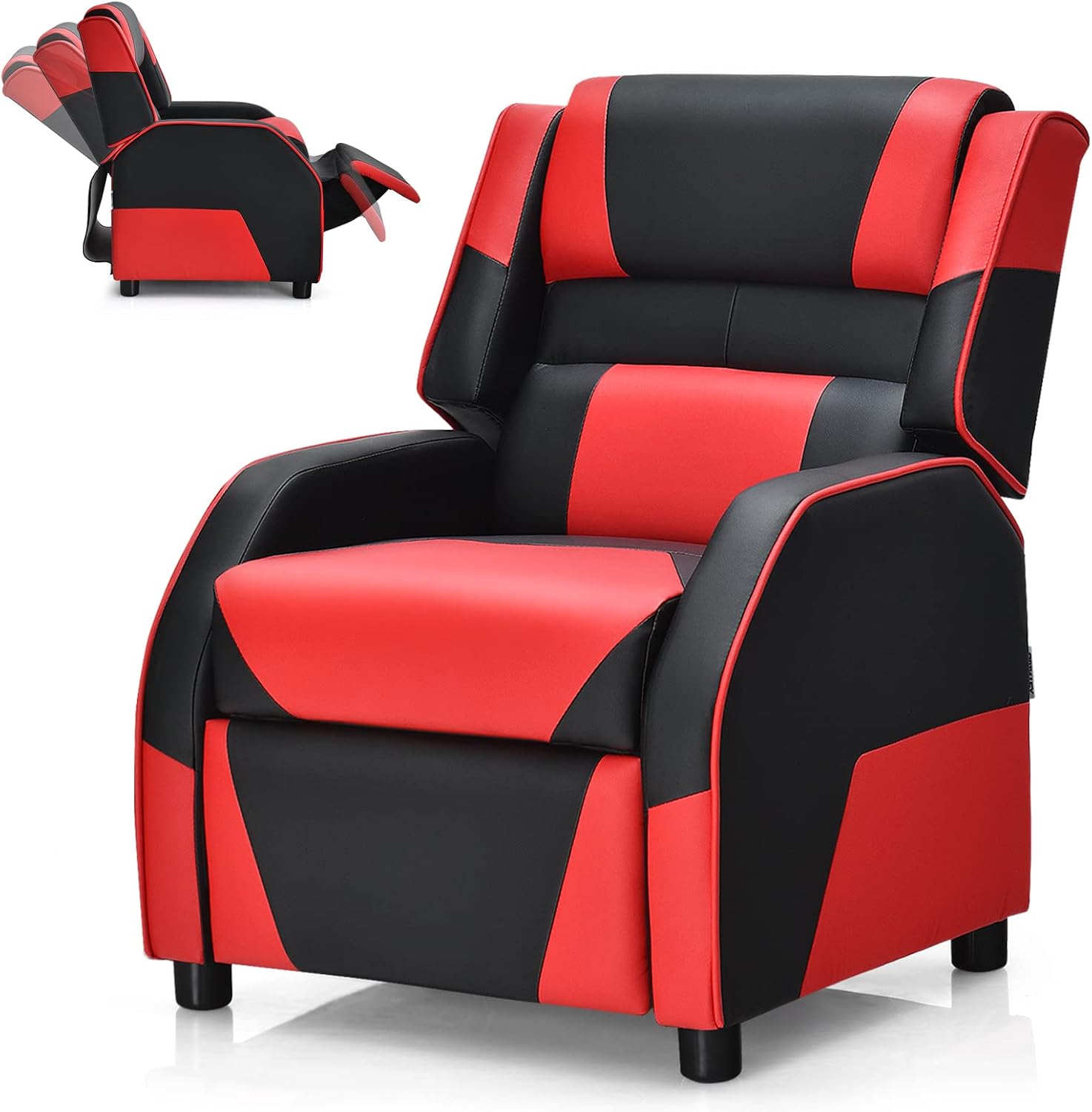 COSTWAY Kids Recliner Sofa, Toddler Leather Recliner with Adjustable Footrest & Headrest, Gaming Reclining Chair for Boys Girls Aged 3 Years Up, Kid-Sized Lounge Chair for Living Room (Red)