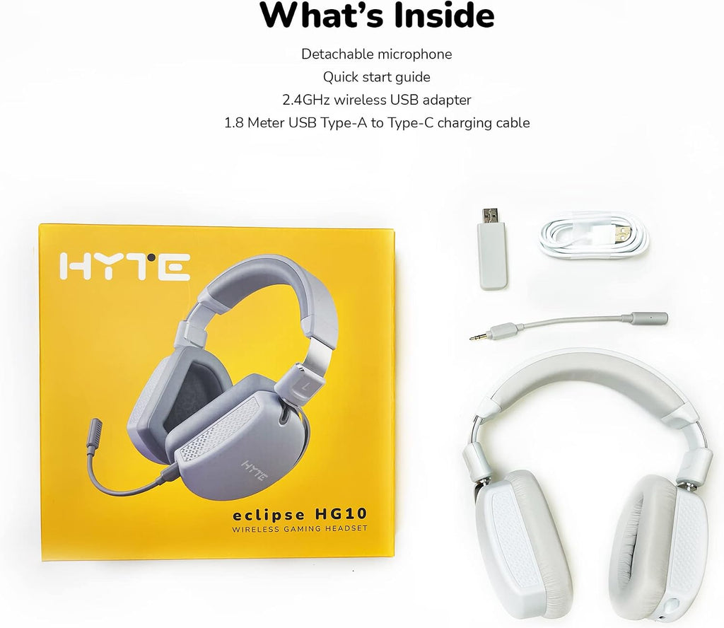 Hyte Eclipse HG10 Wireless Gaming Headset, 2.4 GHz Wireless Performance, USB-C, Detachable Mic, 30 Hour Battery, for PC, PS4, PS5, Switch Grey