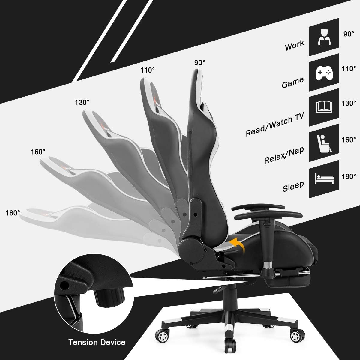 Goplus Massage Gaming Chair, Reclining Backrest, Handrails and Seat Height Adjustment Racing Computer Office Chair, High Back Ergonomic PU Leather Swivel PC Game Chair with Footrest