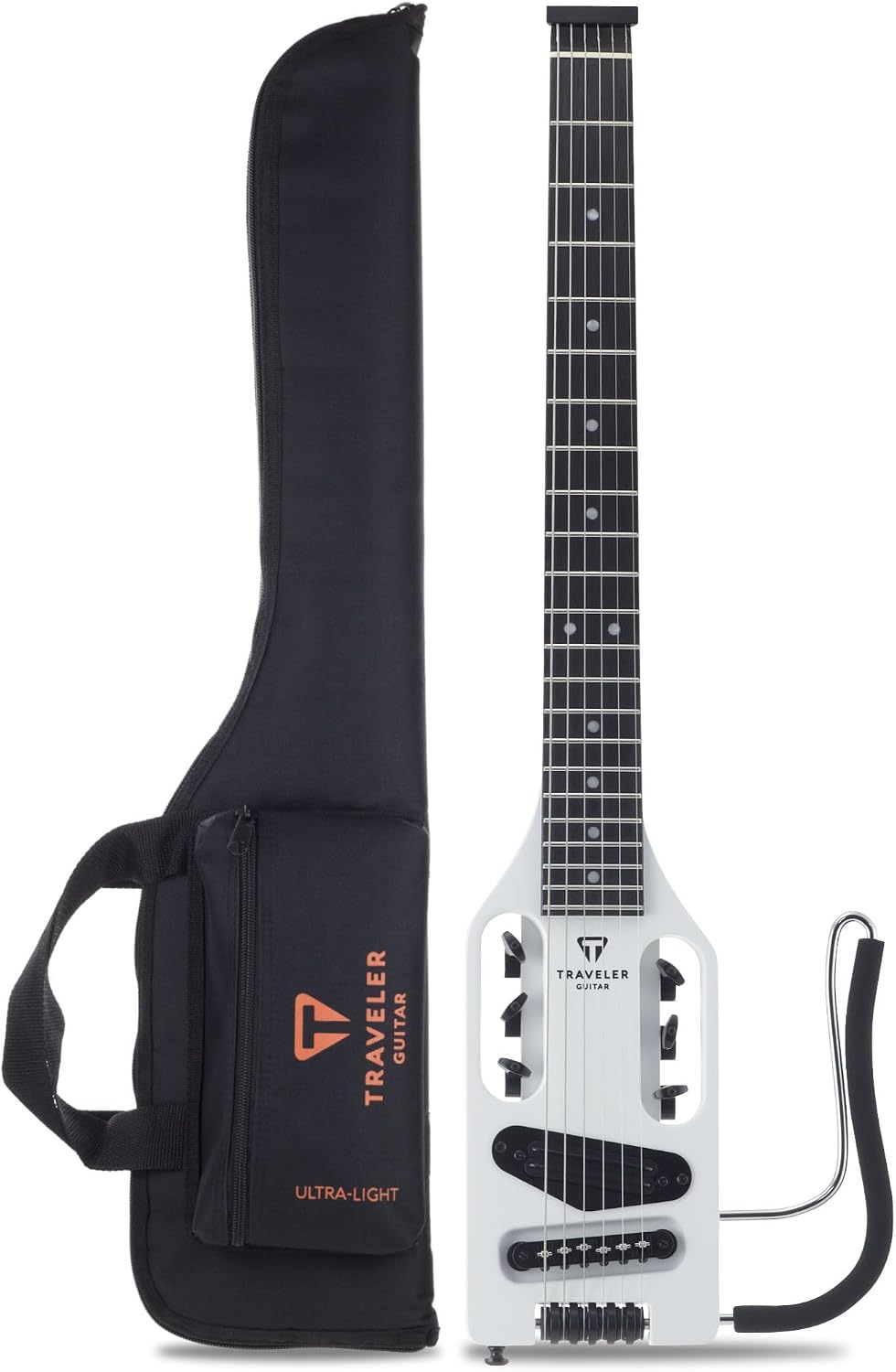 Traveler Guitar Ultra-Light Electric Guitar Satin White | Portable Electric with Removable Lap Rest | Full 24 3/4' Scale Headless Guitar | Custom Gig Bag Included