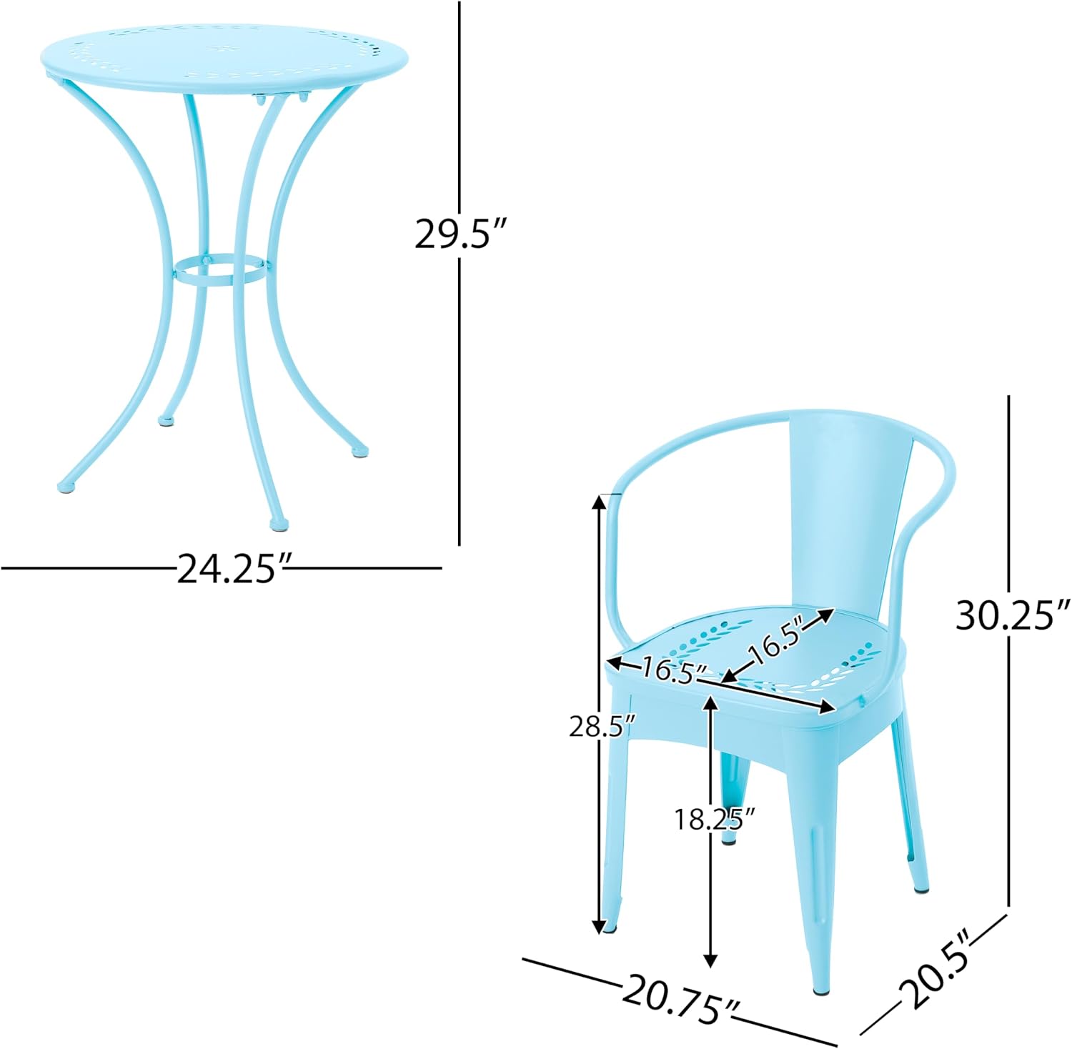 Merax 3 Pieces Bistro Set Iron Retro Bistro Table and Chairs Set of 2 Outdoor Dining Table Set for 2, Round Tabletop, All-Weather for Porch Patio Balcony Lawn Garden (Light Blue)