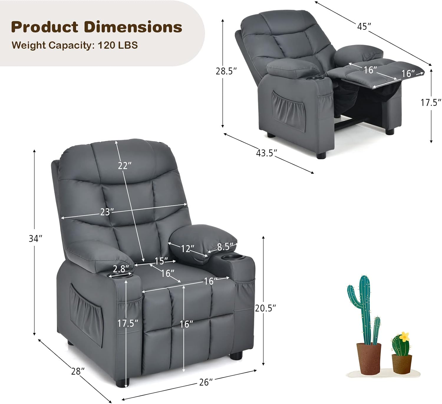 MAT EXPERT Kids Recliner, Leather Adjustable Reading Gaming Chair w/ 2 Cup Holder, 3 Side Pocket Storage & Footrest, Kids Couch Toddler Lounge Chair for Boys Girls, Kids Room Playroom Nursery (Grey)