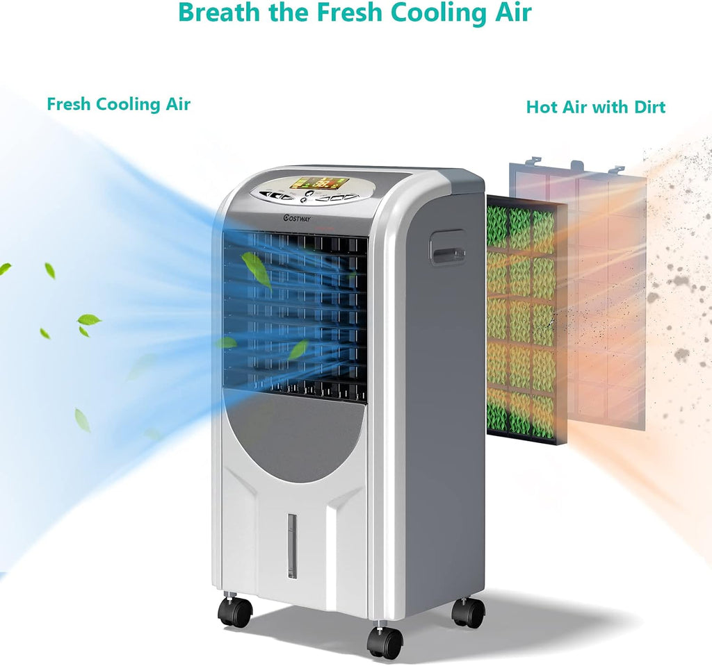 COSTWAY Evaporative Cooler and Heater, 5-in-1 Portable Air Cooler with Remote Control, 8-Hour Timer, 2 Ice Boxes, Quiet Operation, Bladeless Air Cooler for Indoor Use Home Office Dorms Grey