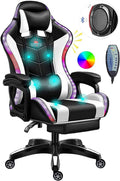 White Gaming Chair with LED Light, Ergonomic Pro Gaming Chair with Full Massage Lumbar Support, Bluetooth Speakers Computer Chair for Retractible Footrest and Backrest Adjustable,White