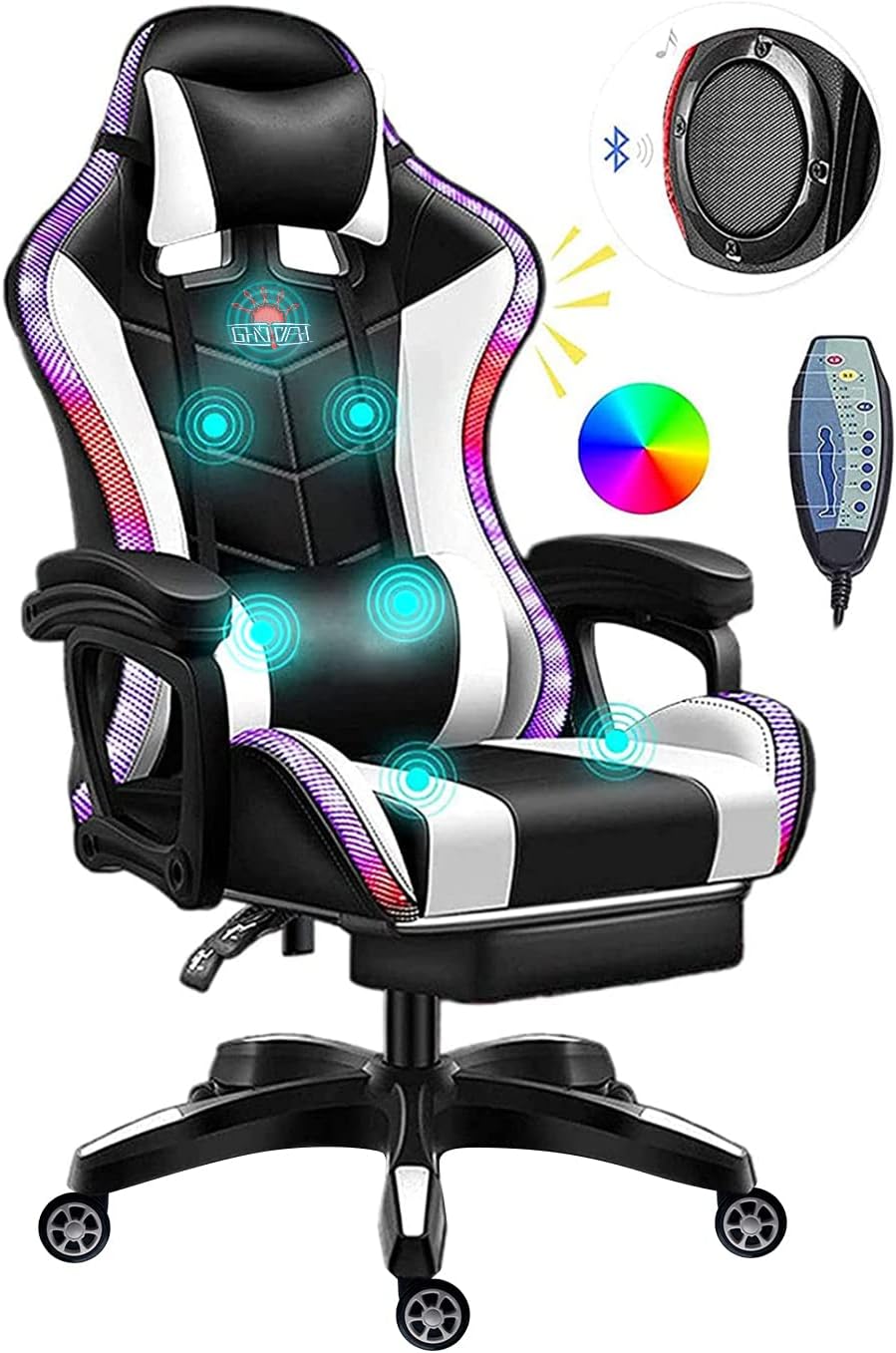 White Gaming Chair with LED Light, Ergonomic Pro Gaming Chair with Full Massage Lumbar Support, Bluetooth Speakers Computer Chair for Retractible Footrest and Backrest Adjustable,White