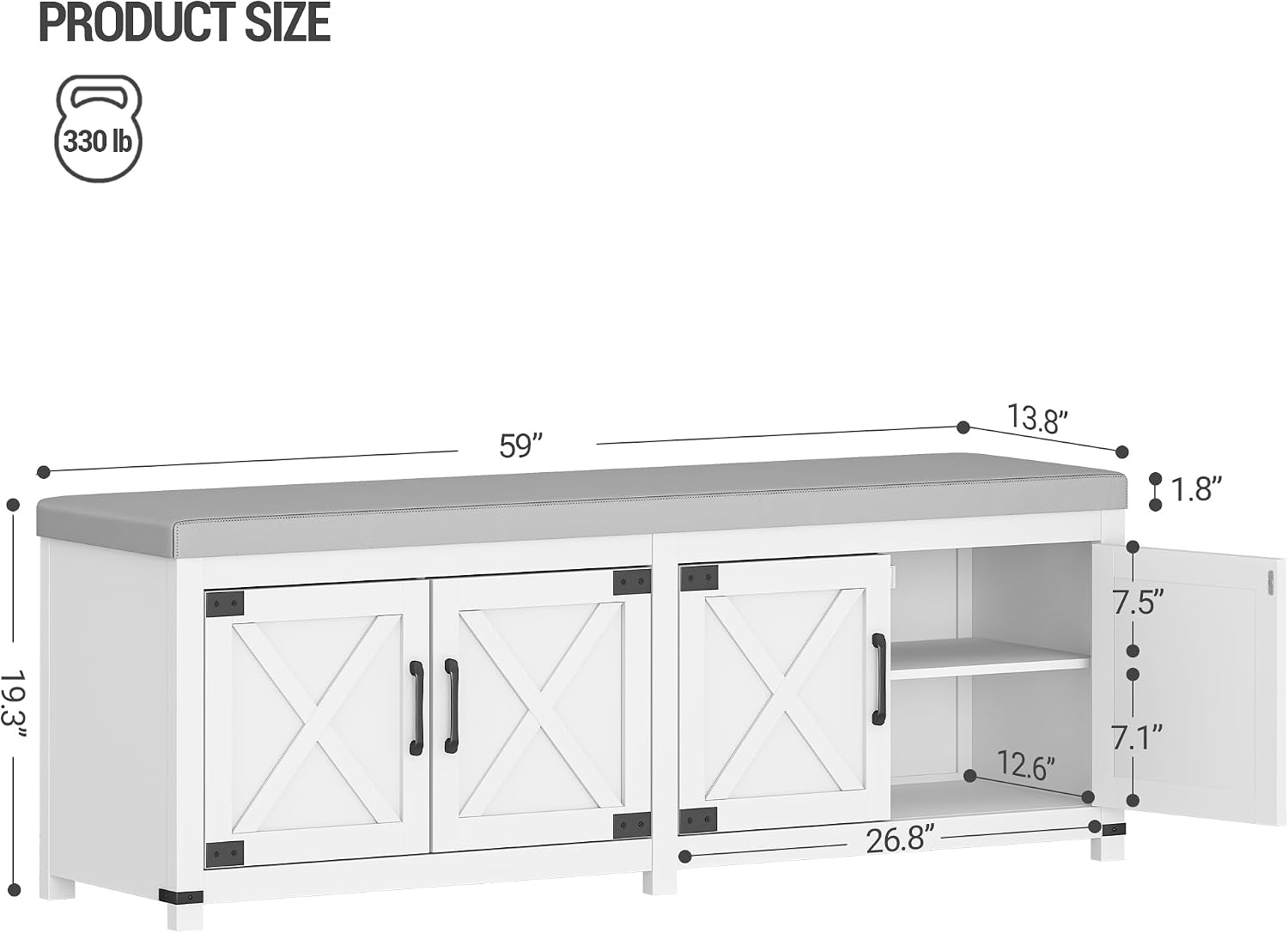 Hzuaneri Shoe Storage Bench, 2 Tier Shoe Bench with Padded Seat Cushion & 4 Barn Doors, 59' Entryway Bench with Adjustable Shelf, Farmhouse Shoe Cabinet for Living Room, Bedroom, White SB31503GY