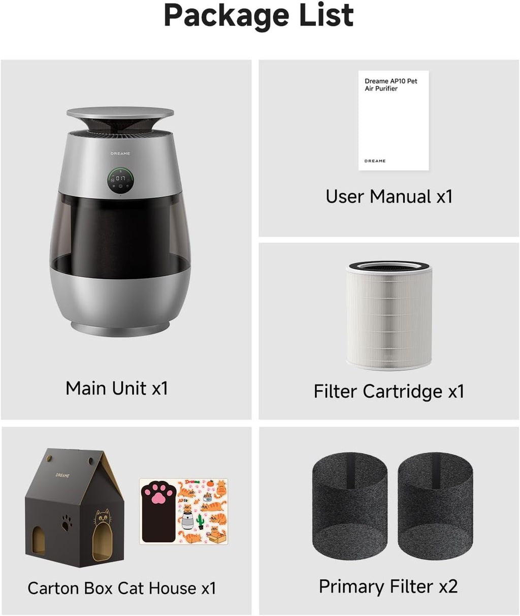 Dreame Pet Air Purifier AP10, Suck Up Floating Cat Dog Hair Dander, NeverChange 5.4-Year Filters for Odor Purification, 1346 ft² for Home Large Room, Pet-Friendly Design, APP & Voice Control, Grey