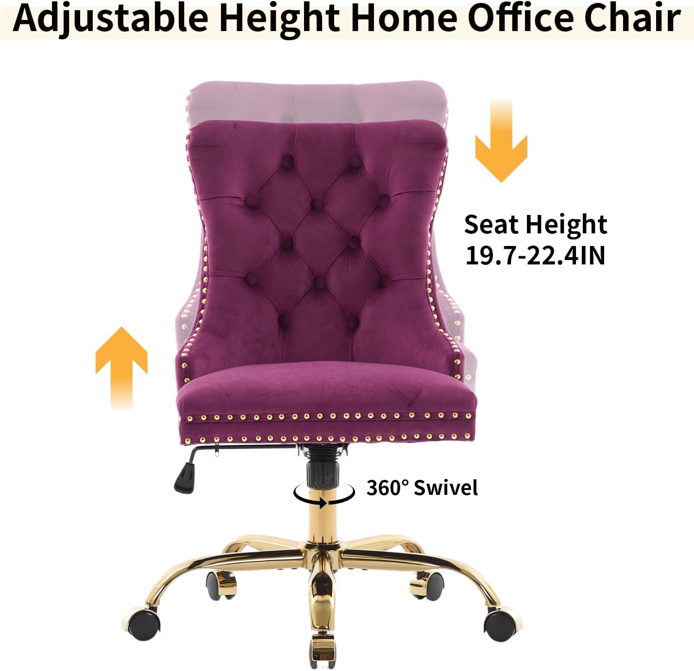Purple Velvet Home Office Chair with Wheels & Gold Base, Cute Makeup Vanity Chair with Tufted Back for Bedroom, Upholstered Adjustable Swivel Comfy Desk Chair for Girls Women, Purple