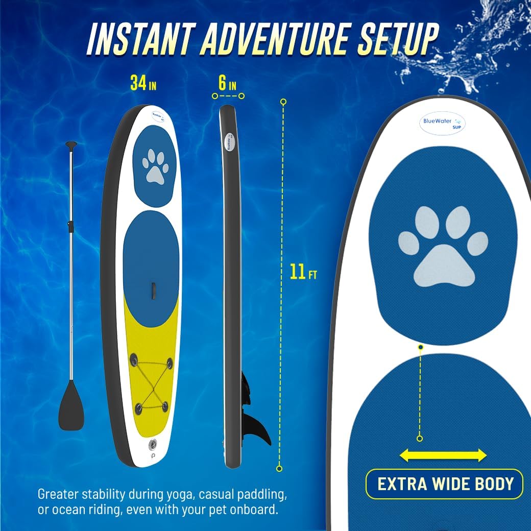Inflatable Stand Up Paddle Board Paw Paddler by Blue Water Toys - 11ft Nylon and Mesh Inflatable Paddle Board with 100% UV-Resistant Honeycomb EVA Pad, Complete SUP Set for Pets and Humans