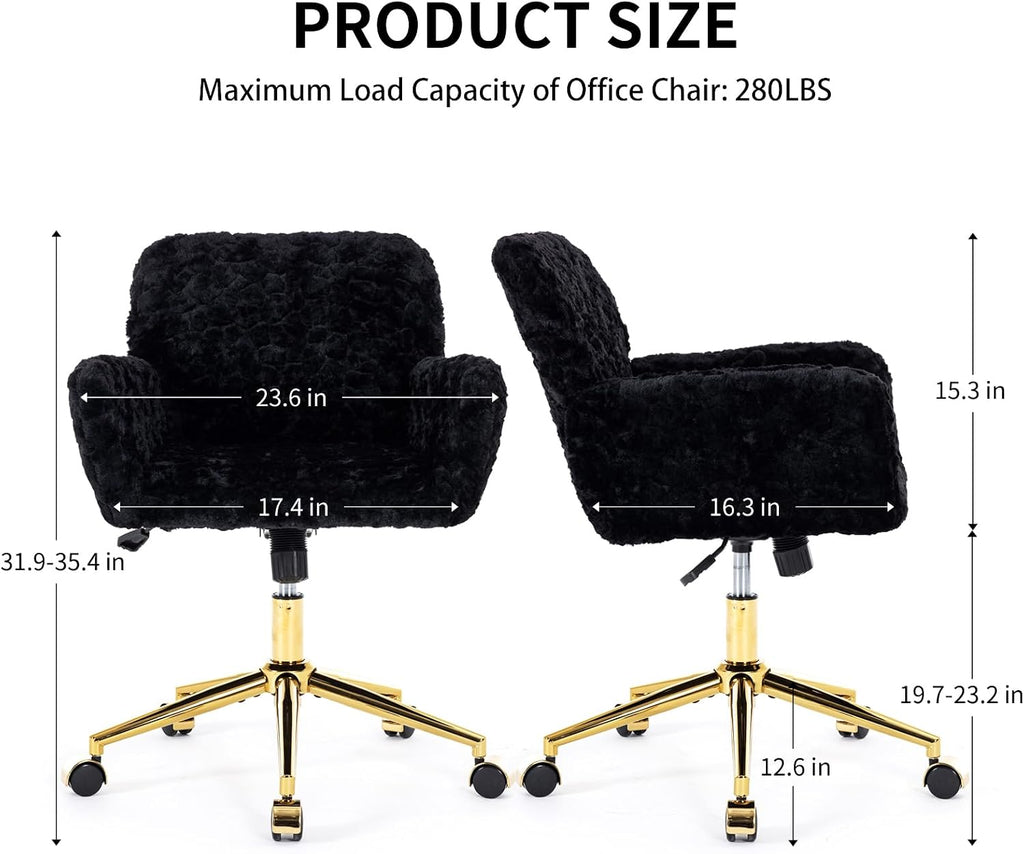 Shenyon Black Office Chair Faux Fur Vanity Chair, Comfortable Home Office Desk Chairs with Wheels and Arms, Swivel Wide Office Chair Makeup Chair Height Adjustable for Office, Study, Bedroom, Black