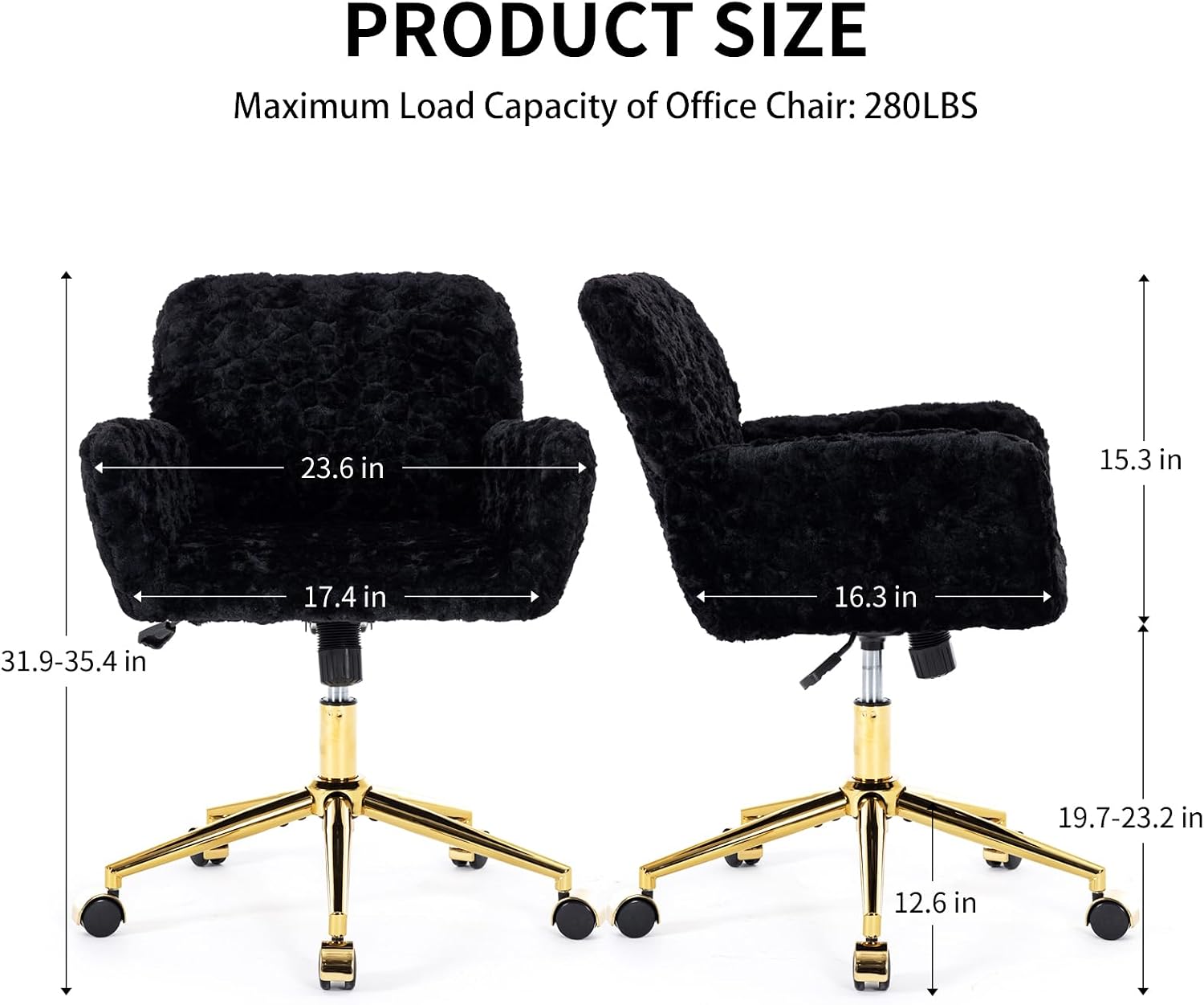 Shenyon Black Office Chair Faux Fur Vanity Chair, Comfortable Home Office Desk Chairs with Wheels and Arms, Swivel Wide Office Chair Makeup Chair Height Adjustable for Office, Study, Bedroom, Black