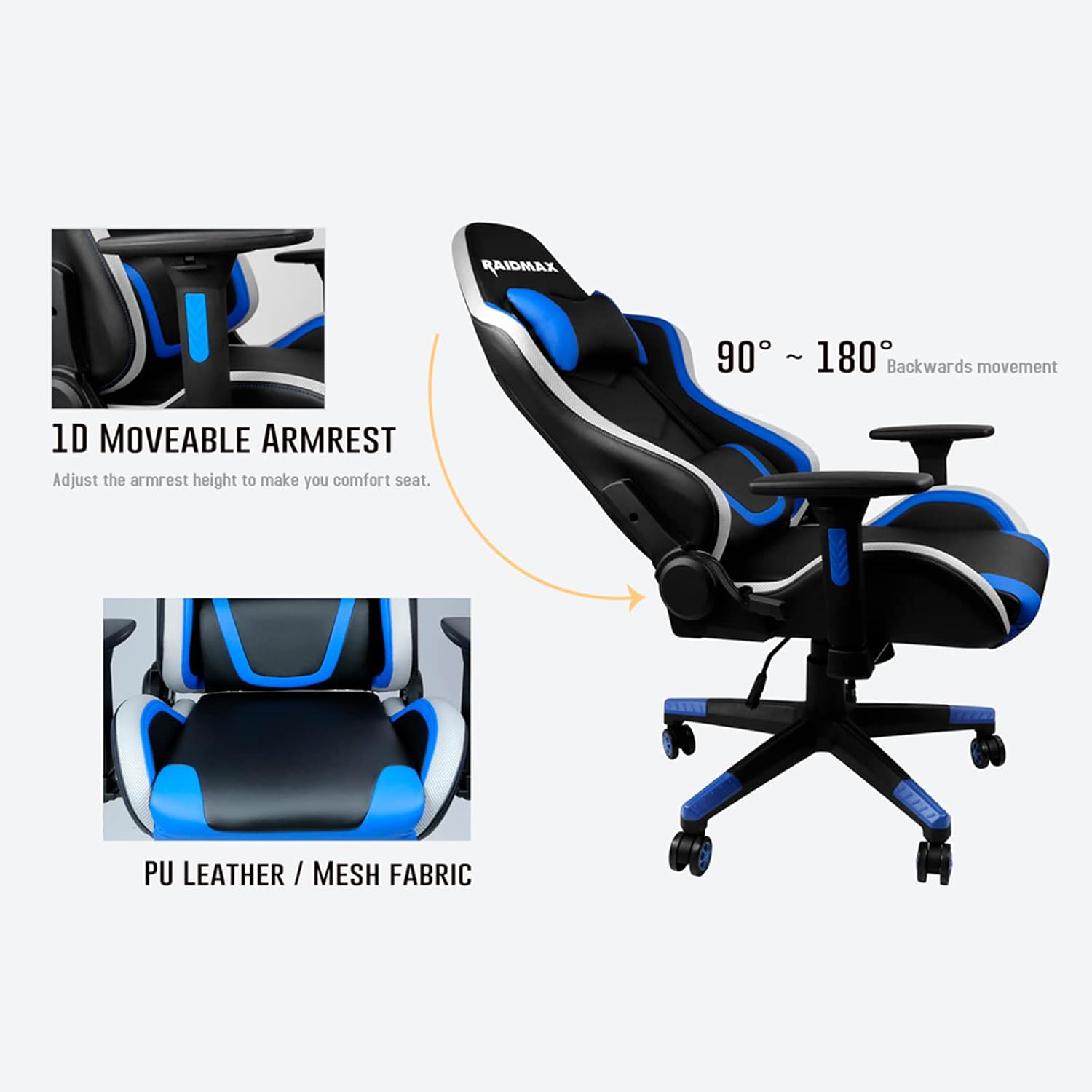 Raidmax DK925 Ergonomic Gaming Chair with Adjustable Armrest and RGB Lighting with Remote Control- Reclining, High-Performance Chair with Lumbar Support