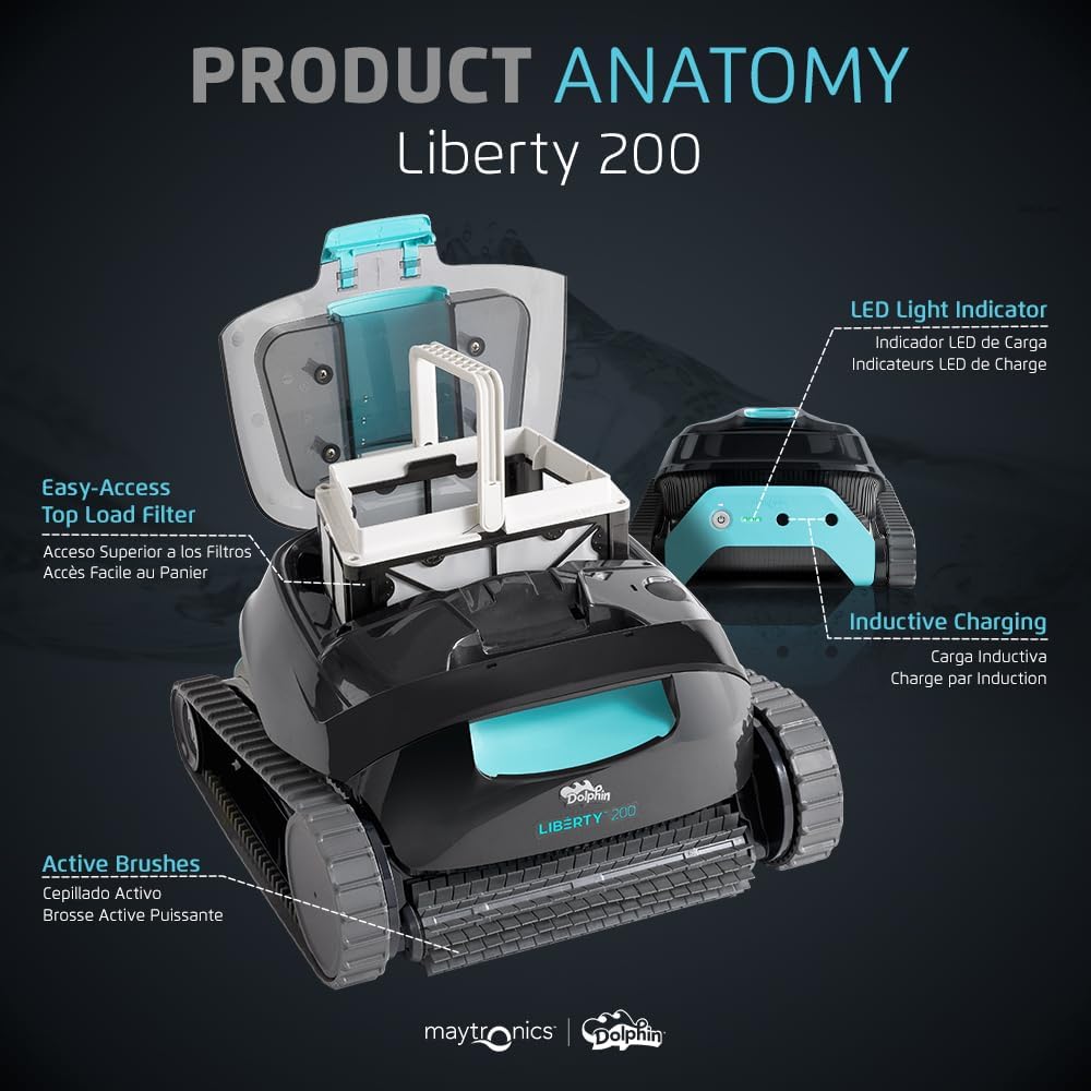 Dolphin Liberty 200 Cordless Robotic Pool Vacuum Cleaner — Simple Inductive Charging Wall Climbing Capabilities Ideal for Above and In-Ground Pools up to 33 FT in Length Blue