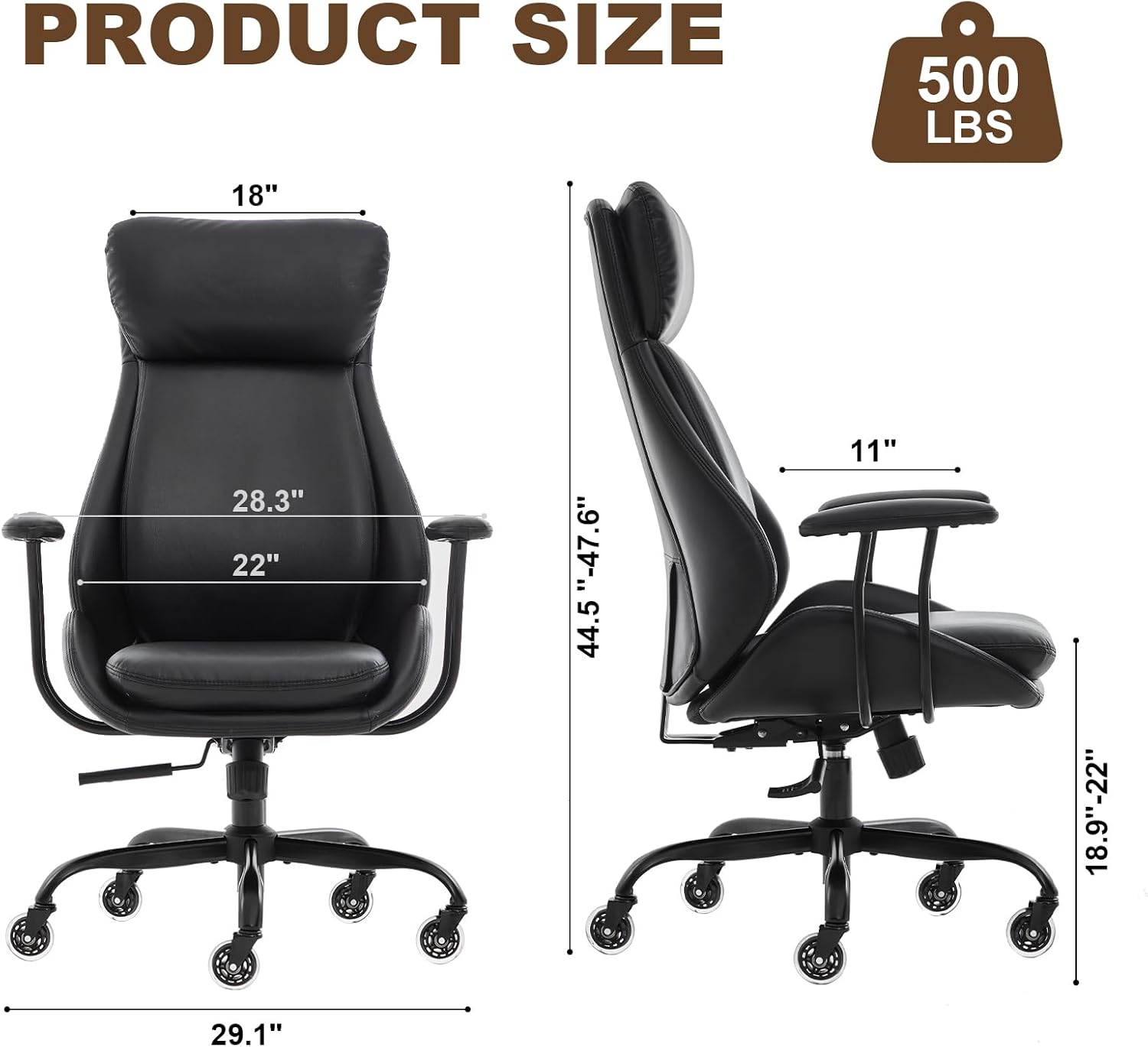 E-Motie Office Chair, Leather Desk Chair with Rubber Wheels, Ergonomic Computer Chair 500 LBS with Lumbar Support, High Back Executive Chair for Modern Home Office, Black