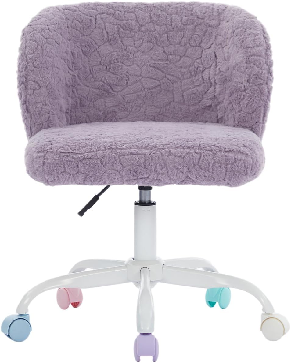Shenyon Purple Faux Fur Vanity Chair, Adjustable Swivel Home Office Chair with Colorful Wheels and Metal Base, Cute Makeup Chair for Women, Teens & Girls(Purple)