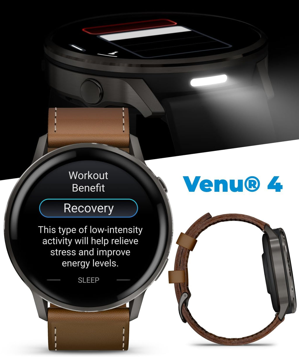 Garmin Venu 4 45mm AMOLED Advanced Health & Fitness GPS Smartwatch, Colorful Display, Flashlight, Up to 12 Days Slate w/Black Silicone & Brown Leather Bands w/Wearable4U Black Earbuds Bundle