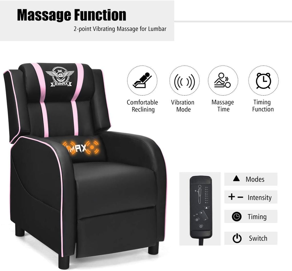 POWERSTONE Gaming Recliner Chair, Reclining Gaming Chairs for Adults Ergonomic Leather Sofa with Footrest Lumbar Support Headrest and Side Pouch for Living Room Home Theater, Pink