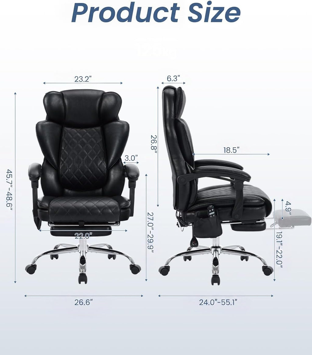 500LBS Massage Office Chair with Foot Rest, 6 Points Vibration and Heat Home Office Desk Chairs, 22.05' Wide Big and Tall Office Chair for Heavy People, Ergonomic Reclining Gaming Chairs, Black
