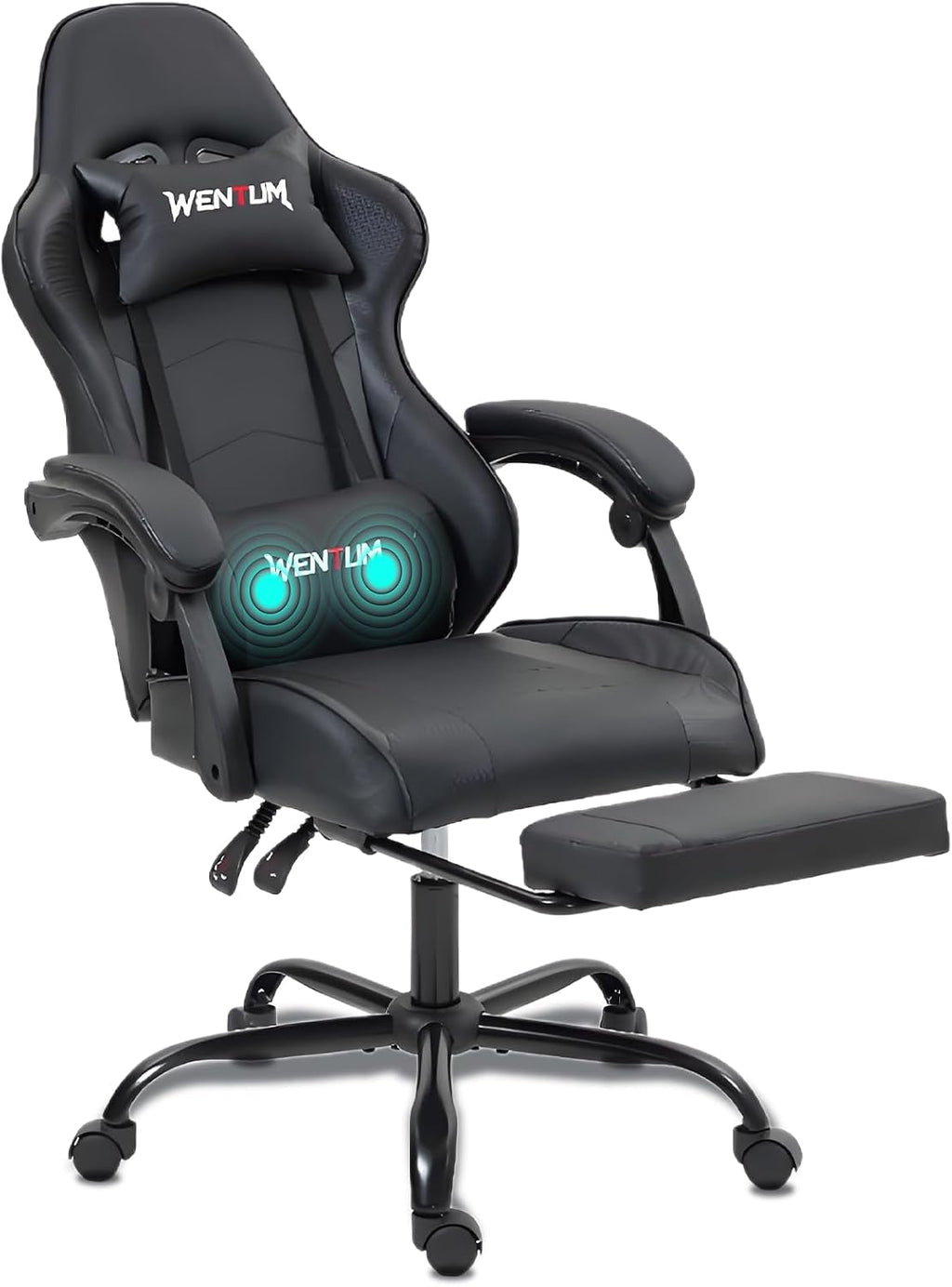 Gaming Chair, Video Game Chair with Footrest and Massage Lumbar Support, Height Adjustable Ergonomic Computer Chair with Swivel Seat and Headrest for Home Office Gaming, Black