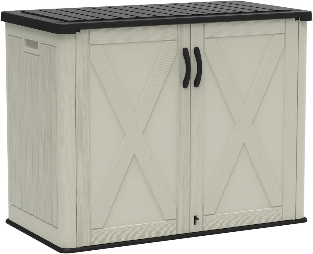 Devoko 26 Cu Ft Plastic Outdoor Storage Shed, Horizontal Resin Storage Cabinet with Lockable Door, Water-Resistant Backyard Storage Box for Garden Patio, Beige, Shelf Not Included