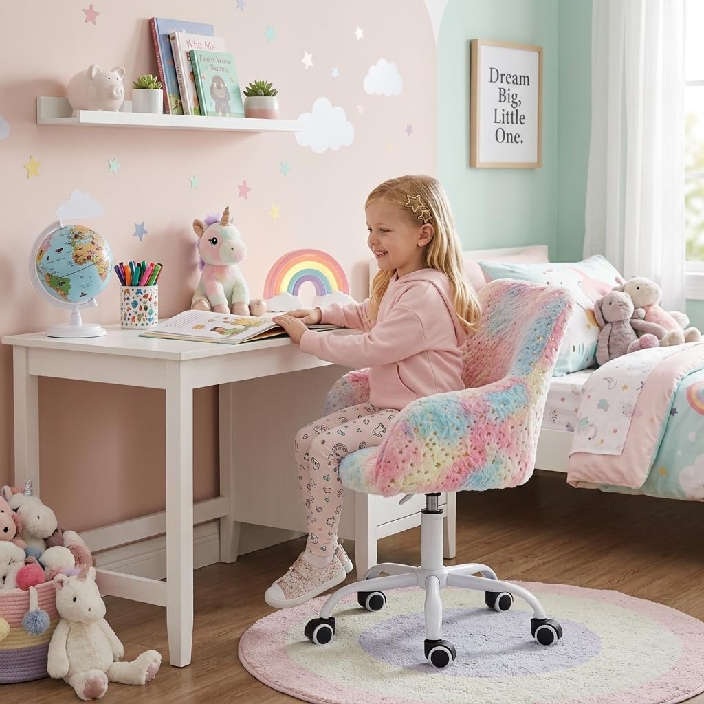 HEAH-YO Swivel Kids Chair with Wheels, Adjustable Kids Desk Chair with Armrest and Back, Cute Faux Fur Kid Study Chairs for Boys and Girls, Light Multi-Colour
