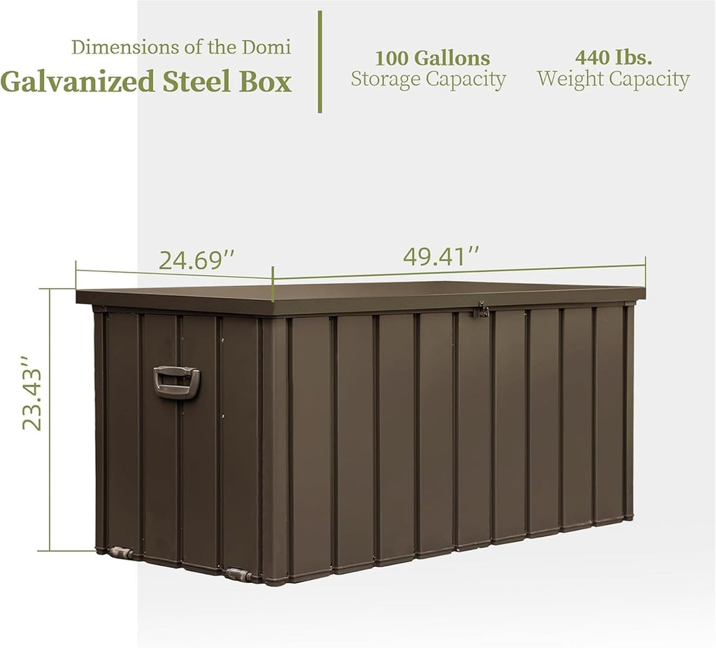 100 Gallon Metal Deck Box, Outdoor Storage Box Waterproof with Wheels, Lockable Storage Container for Patio Furniture Cushions Garden Tools, Dark Brown