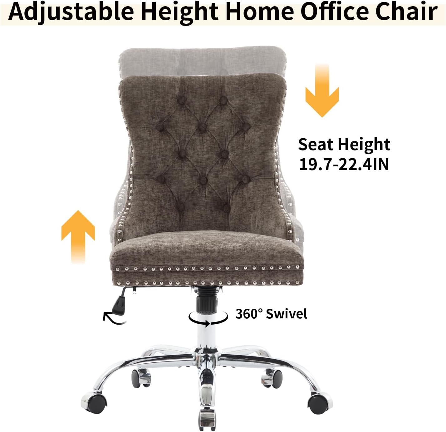 Home Office Chair with Wheels & Silver Base, Cute Chenille Fabric Makeup Vanity Chair with Tufted Back for Bedroom, Upholstered Adjustable Swivel Comfy Desk Chair for Girls Women, Grey