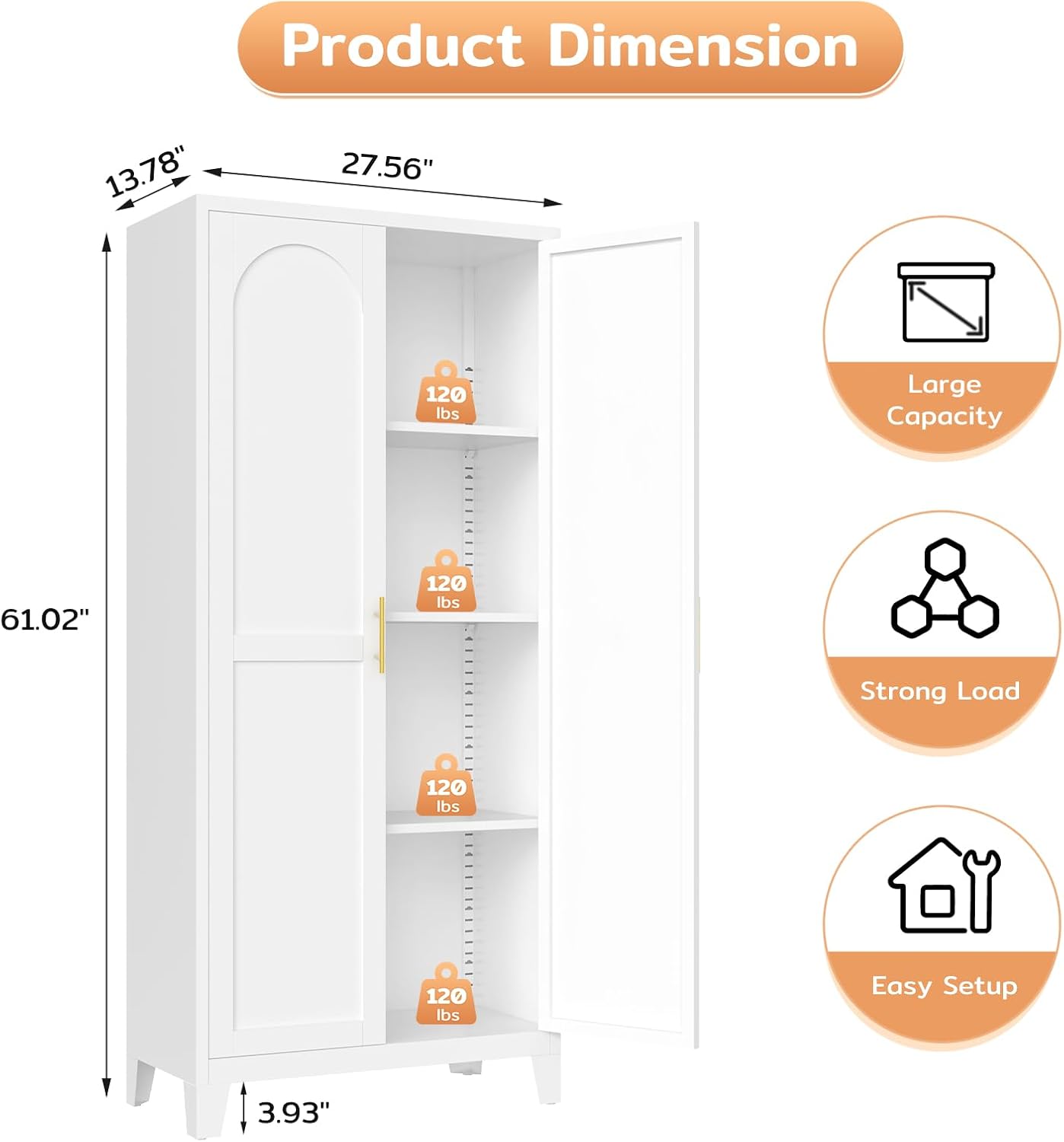 Zevemomo 61' H Metal Kitchen Pantry Cabinet, Freestanding Cupboard with 2 Doors and 3 Adjustable Shelves, Tall Metal Storage Cabinet for Kitchen, Bathroom, Dinning Room or Laundry Room （White）